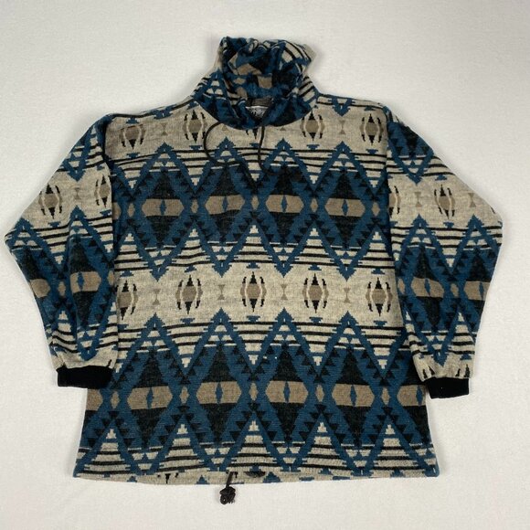 Vintage 90s Pazzo Fleece Aztec Geometric Native Diamond Print Blue Tan Hoodie - Picture 1 of 8